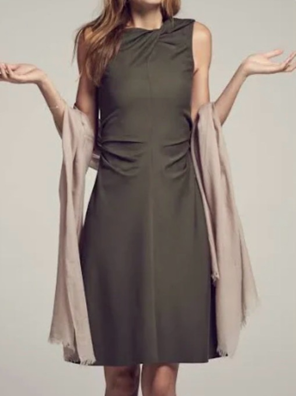 M. M. Lafleur The Eleanor Midi Dress Size 2 Olive Green Twist Neck Ruched Sides
